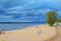 Samara, playground city beach on shores of the Volga River at cloudy autumn day Royalty Free Stock Photo