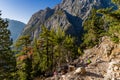 SAMARIA GORGE, CRETE - 20 JULY 2021: Hikers in the spectacular mountain and forest scenery of the Samaria Gorge on the Greek Royalty Free Stock Photo