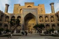 SAMARKAND, UZBEKISTAN: APRIL 28, 2018: Souvenir stalls at the courtyard of Ulugh Beg Madrasa in Samarkand, Uzbekist