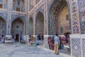 SAMARKAND, UZBEKISTAN: APRIL 28, 2018: Souvenir stalls at the courtyard of Ulugh Beg Madrasa in Samarkand, Uzbekist