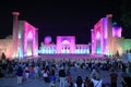 Samarkand, Uzbekistan at night: Beautiful Historic Registan Square at dusk. Ulugh Beg, Tilya-Kori and Sher-Dor madrasah Royalty Free Stock Photo