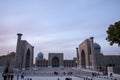 The Registan Ensemble at sunset with tourists, Samarkand, Uzbekistan Royalty Free Stock Photo