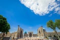 Panoramic View to the Registan square and its three madrasahs: Ulugh Beg Madrasah, Tilya-Kori Madrasah and Sher-Dor Madrasah Royalty Free Stock Photo