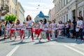 Samba group on street performance playing on drums. Royalty Free Stock Photo