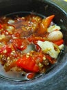 Sambal or sambel korek or setan or pedas or cabai or cabe or traditional hot chilli.