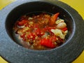 Sambal or sambel korek or setan or pedas or cabai or cabe or traditional hot chilli.