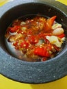 Sambal or sambel korek or setan or pedas or cabai or cabe or traditional hot chilli.