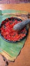 sambal terasi one of popular spicy side dish from indonesia. it& x27;s made from chili,shalot, garlic, tomato and shrimp paste