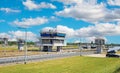 Dutch modern lockkeeper house at inland river maas sluice complex