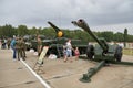 Sambek, Rostov Region, Russia, June 28, 2019: Visitors to the exhibition explore the howitzers