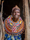 SAMBURU, KENYA, AFRICA - JUNE 25, 2019: Samburu village matriarch wearing colorful beads indicating her rank in the village in