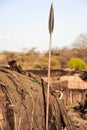 Traditional tribal spear in a rural African village belonging to the Samburan tribespeople, Kenya. Africa. Royalty Free Stock Photo