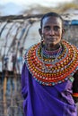 Samburu, Kenya - August 2014: Portrait of proud Samburu tribeswoman in traditional kraal or boma.