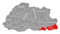 Samdrup Jongkhar red highlighted in map of Bhutan Royalty Free Stock Photo