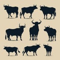 Same Bull silhouette in Different posses Vector Illustration