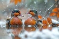 Always with the same lens, two mandarin ducks in different poses Royalty Free Stock Photo