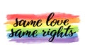Same love same rights hand drawn lettering quote. Homosexuality slogan on watercolor rainbow. LGBT rights concept Royalty Free Stock Photo