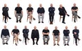 Same man view in various outfits sitting on white background, front view