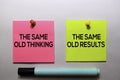 The Same Old Thinking and The Same Old Results text on sticky notes isolated on office desk Royalty Free Stock Photo