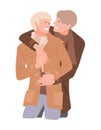 Same-sex couple on a date in cold weather. Gentle hugs of men in love in coat. Homosexuals enjoy romantic meeting. Guys