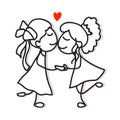 Same sex couple lgbt love two women kiss and holding hand hand drawing cartoon character pride concept