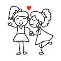 Same sex couple lgbt love two women kiss and holding hand hand drawing cartoon character pride concept