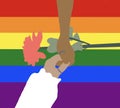 Same sex marriage.Black and Caucasian lesbian couple holding hands on LGBT rainbow flag background.Gay pride concept