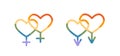 Same sex signs in heart shape and rainbow colors. LGBTQ marriage. Homosexual couple. Pride month support flat style