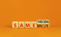 Same thinking and result symbol. Concept words Same thinking same results on wooden cubes. Beautiful orange background. Royalty Free Stock Photo