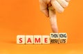 Same thinking and result symbol. Concept words Same thinking same results on wooden cubes. Beautiful orange background. Royalty Free Stock Photo