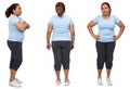 same woman with sportswear on white background front and back and side view