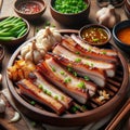 Samgyeopsa, Thick slices of pork belly grilled at the table and often eaten with garlic, green onions, and a dipping sauce