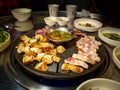 Samgyeopsal, grilled pork belly. Makchang, grilled abomasum, the fourth and final stomach compartment in ruminants of cattle.