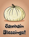 Samhain Blessings fall pagan holiday pumpkin postcard. Autumn Halloween harvest celebration greetings flyer