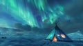 Sami lavvu or traditional tent set against the backdrop of a northern lights display. capturing the essence of Sami nomadic