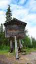 Sami storage hut in Fatmomake kyrkstad on the Wilderness Road in Vasterbotten, Sweden