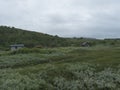 Sami village Staloluokta at Virihaure lake with houses and cottage, mountains and birch trees. summer moody and foggy