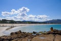 Samil beach in Vigo, Galicia, Pontevedra, Spain. Rocks, sea, trees