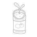 Samll seedling plant in metal can doodle llustration, isolated vector drawing of little sprout growing in diy pot, good