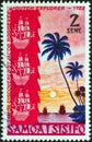 SAMOA - CIRCA 1972: A stamp printed in Samoa shows two sailing ships at sunset, circa 1972. Royalty Free Stock Photo