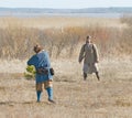 SAMOLVA, PSKOVSKAYA OBLAST, RUSSIA - APRIL 22: group of unindentified participants of historical reconstruction of the Batle on th