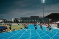 SAMORIN, SLOVAKIA, 9. JULY: Professional 200m sprint race. Athletes run on a blue track
