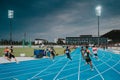 SAMORIN, SLOVAKIA, 9. JULY: Professional 200m sprint race. Athletes run on a blue track