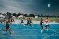 SAMORIN, SLOVAKIA, 9. JULY: Professional 200m sprint race. Athletes run on a blue track. Preparation for the world championship Royalty Free Stock Photo