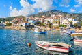 Colourful fishing boats in Kokkari port, Samos island, Greece Royalty Free Stock Photo