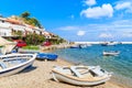 Fishing boats on beach in Kokkari village, Samos island, Greece Royalty Free Stock Photo