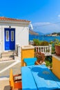 Typical Greek street in Kokkari town with sea view, Samos island, Greece Royalty Free Stock Photo