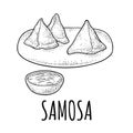 Samosa on board with sauces in bowl. Vector black engraving