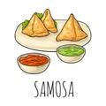 Samosa on board with sauces in bowl. Vector color engraving