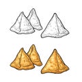 Samosa on board with sauces in bowl. Vector color engraving